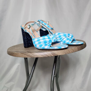 J.Crew Women’s Gingham Knotted Stella Sandal Wrap Heel Sandal Glitter Sz 8 Blue
